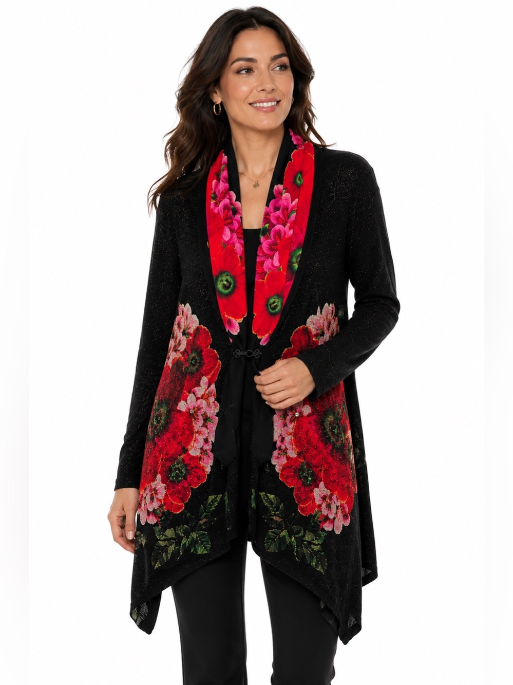 Desigual Black Cardigan with Red & Pink Floral Panels
